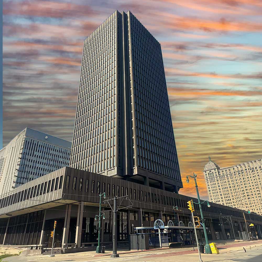 Main Place Tower in Buffalo, NY with sunset in the background